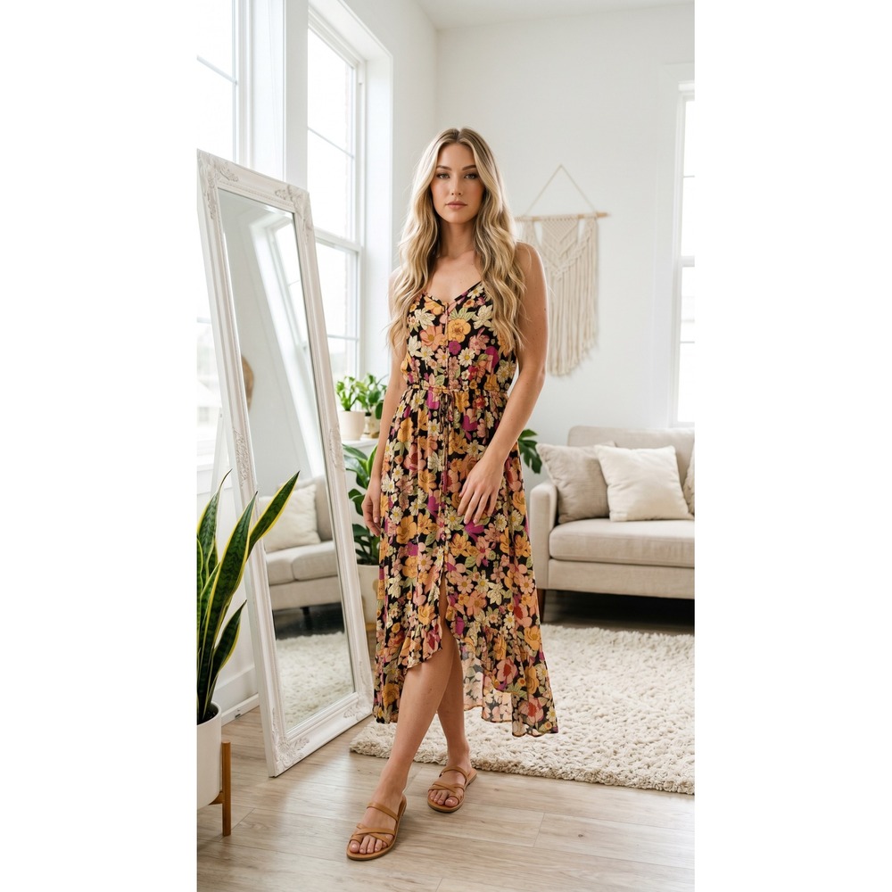 Rewind Womens XL Floral High-Low Midi‎ Sundress Black Orange Boho Button Front